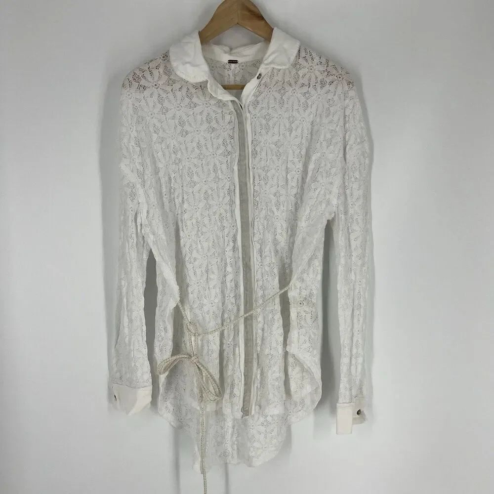 Free People Ivory Lace Must Have Button-Down Top XS Long Sleeve Boho Tunic Shirt